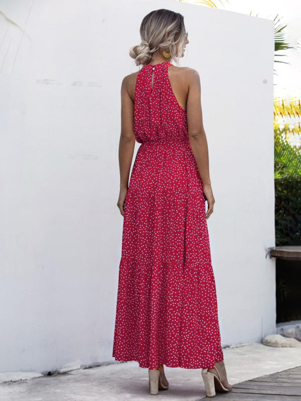 Avery New Polka Dot Print Halter Neck Tie Vacation Summer Dress