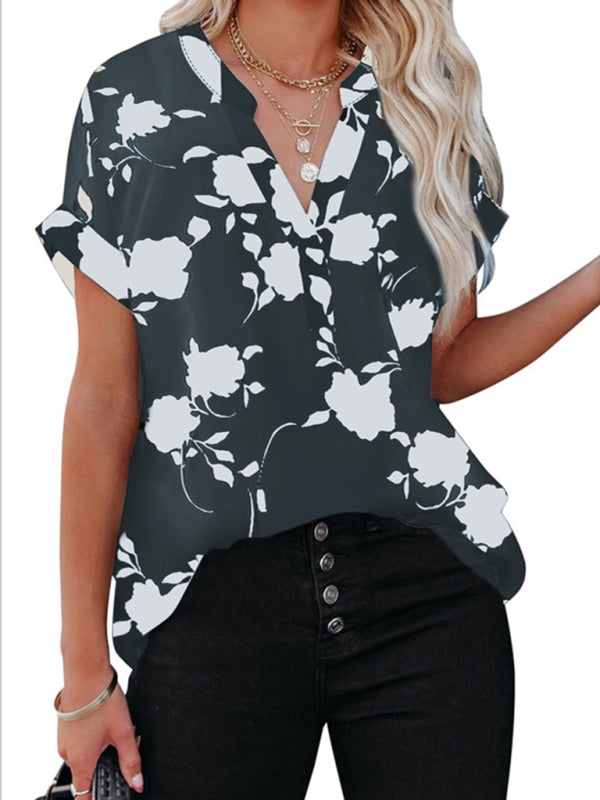 Lacey Women's New Floral Print Casual V-Neck Short Sleeve Shirt