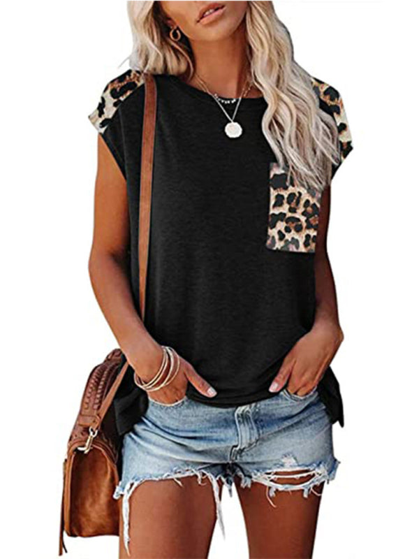 Aimee Round Neck Paneled Leopard Pocket Raglan Sleeve Casual T-Shirt