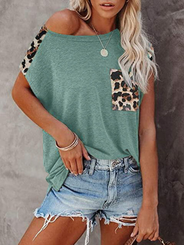 Aimee Round Neck Paneled Leopard Pocket Raglan Sleeve Casual T-Shirt