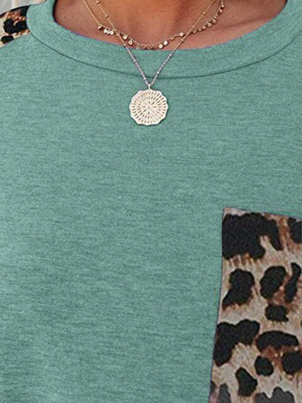 Aimee Round Neck Paneled Leopard Pocket Raglan Sleeve Casual T-Shirt