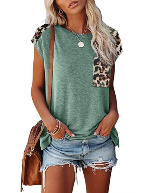 Aimee Round Neck Paneled Leopard Pocket Raglan Sleeve Casual T-Shirt