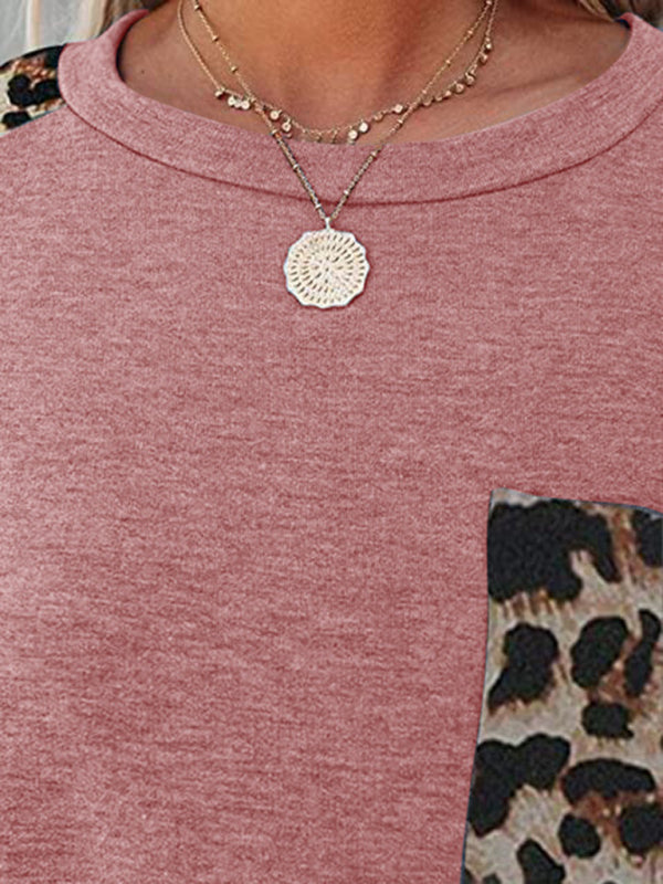 Aimee Round Neck Paneled Leopard Pocket Raglan Sleeve Casual T-Shirt