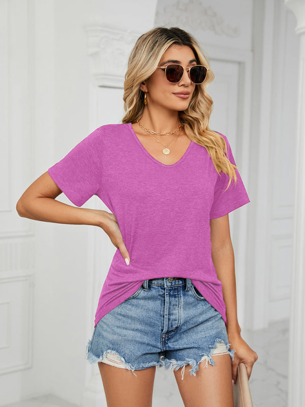 Victoria Short Sleeve V Neck Gathered Solid Color Loose T-Shirt Top Ladies