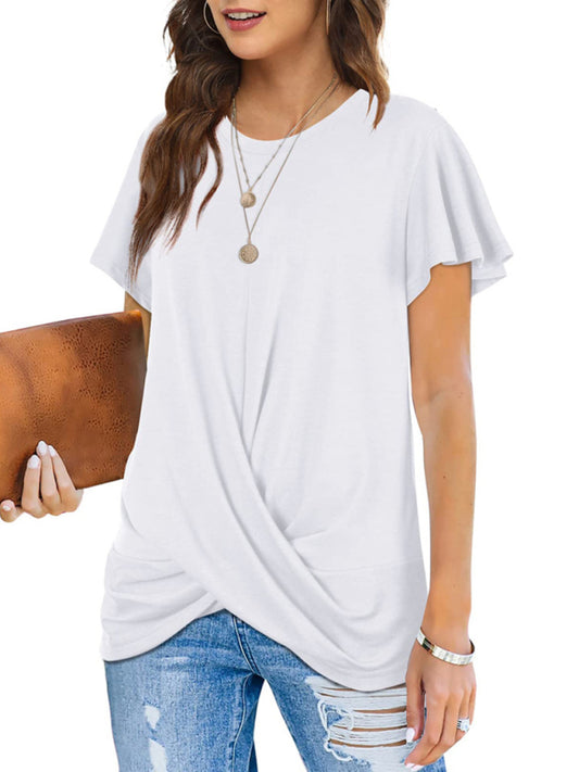 Hayley Explosive Round Neck Solid Color Hem Kink Short-Sleeved T-Shirt