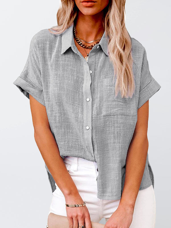 Oceana Women's Woven Casual Loose Lapel Short Sleeved Shirt