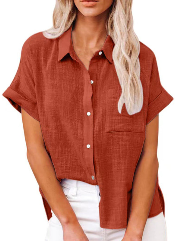 Oceana Women's Woven Casual Loose Lapel Short Sleeved Shirt