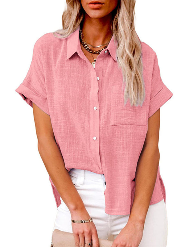 Oceana Women's Woven Casual Loose Lapel Short Sleeved Shirt