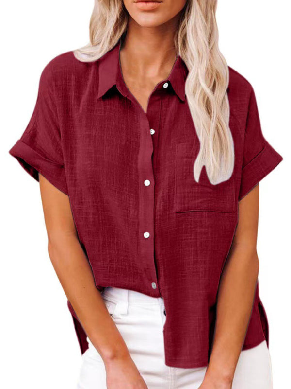 Oceana Women's Woven Casual Loose Lapel Short Sleeved Shirt