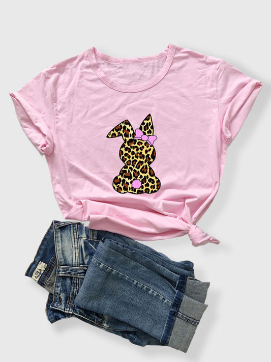 Lauren Leopard Bunny Cute Round Neck T-Shirt