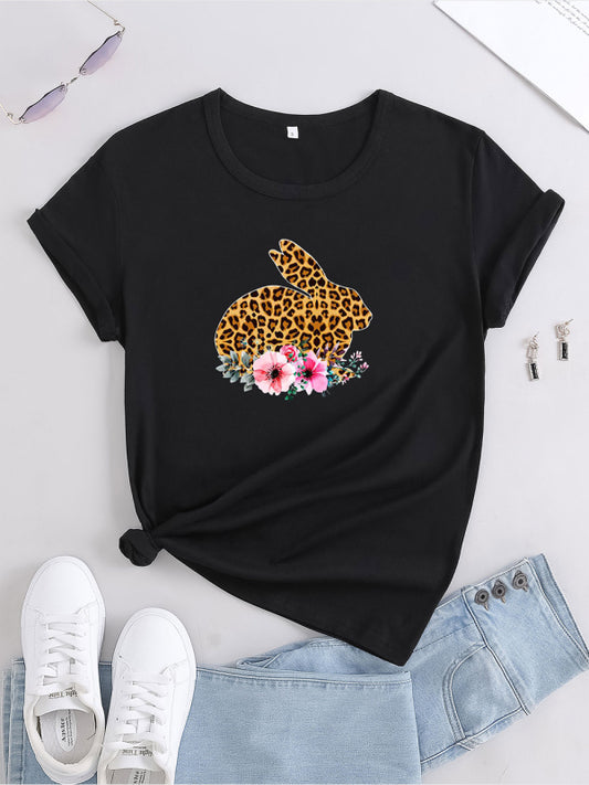 Vandelia Women Leopard Bunny Floral Tee