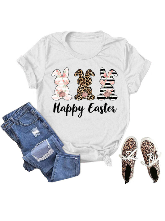 Elena Women's Easter Bunny HAPPY EASTER Letter Print Short Sleeve T-Shirt