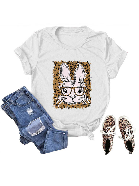 Suzanne Women's Easter Leopard Bunny Print Casual Short Sleeve T-Shirt