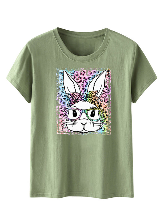 Martha Women's Easter Leopard Bunny Print Short Sleeve T-Shirt