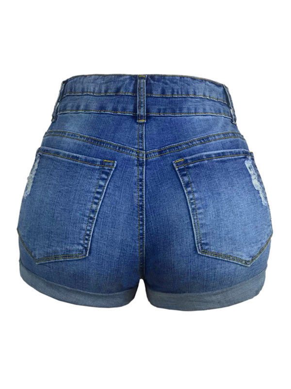 Julissa Trendy Ripped Rolled Edge Elastic High Waist Denim Shorts Women's Hot Pants