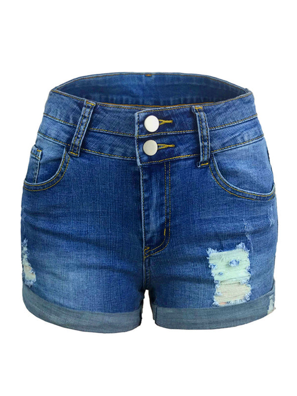 Julissa Trendy Ripped Rolled Edge Elastic High Waist Denim Shorts Women's Hot Pants