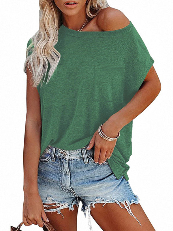 Mikayla Women's Tops Solid Color Pocket Off Shoulder Round Neck Short Sleeve Women's T-Shirt