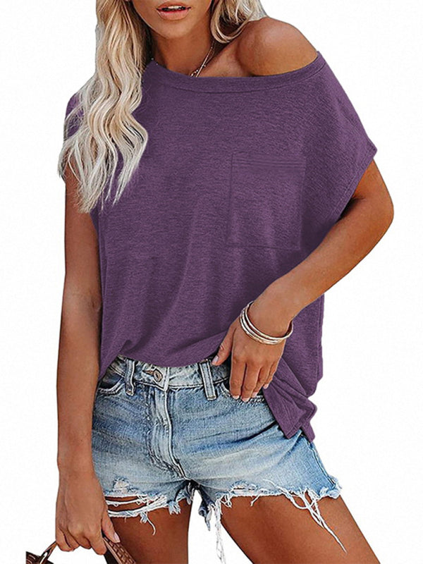 Mikayla Women's Tops Solid Color Pocket Off Shoulder Round Neck Short Sleeve Women's T-Shirt