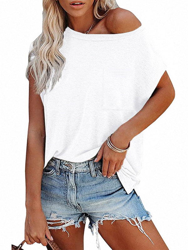 Mikayla Women's Tops Solid Color Pocket Off Shoulder Round Neck Short Sleeve Women's T-Shirt