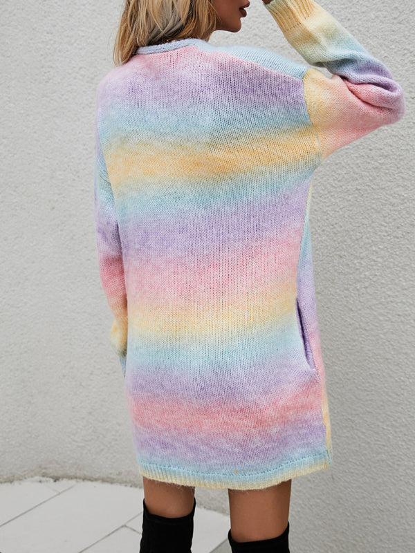 Alina Sweater Rainbow Tie-Dye Mid-Length Oversized Cardigan Pocket Knit Jacket