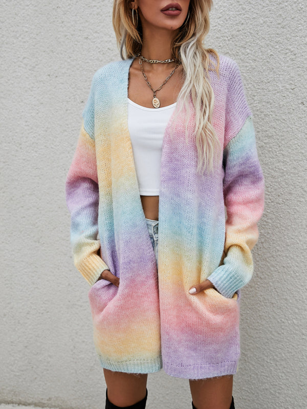 Alina Sweater Rainbow Tie-Dye Mid-Length Oversized Cardigan Pocket Knit Jacket