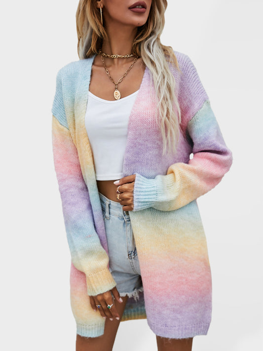 Alina Sweater Rainbow Tie-Dye Mid-Length Oversized Cardigan Pocket Knit Jacket