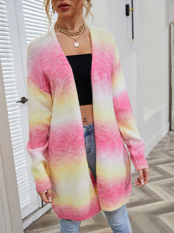 Alina Sweater Rainbow Tie-Dye Mid-Length Oversized Cardigan Pocket Knit Jacket