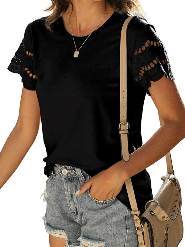 Abby Summer New Lace Stitching Short-Sleeved T-Shirt Round Neck Top