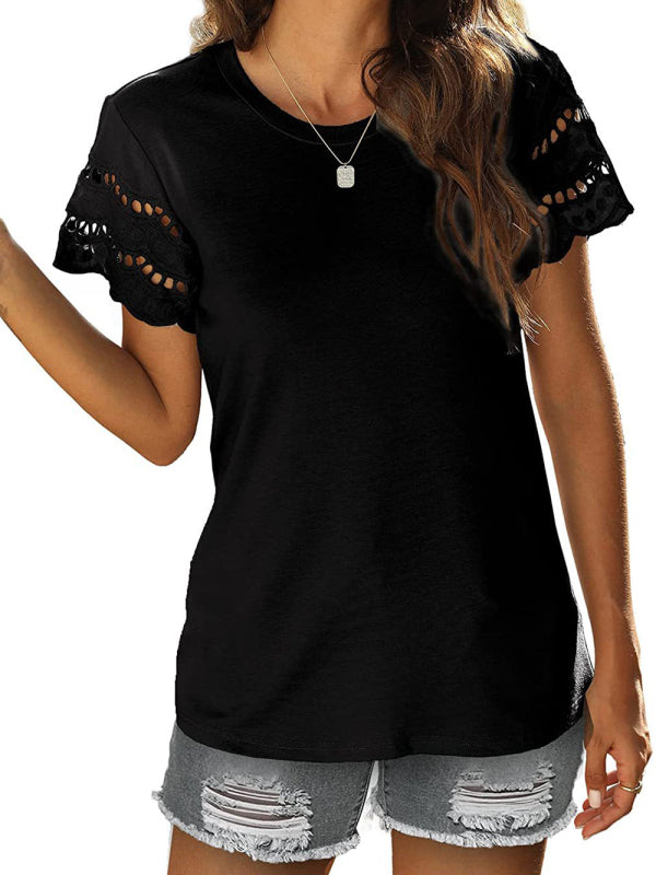 Abby Summer New Lace Stitching Short-Sleeved T-Shirt Round Neck Top