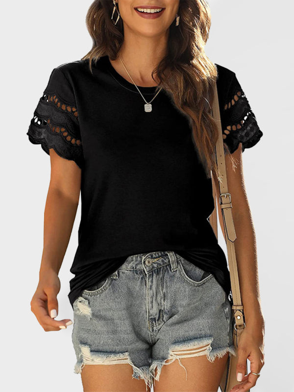 Abby Summer New Lace Stitching Short-Sleeved T-Shirt Round Neck Top