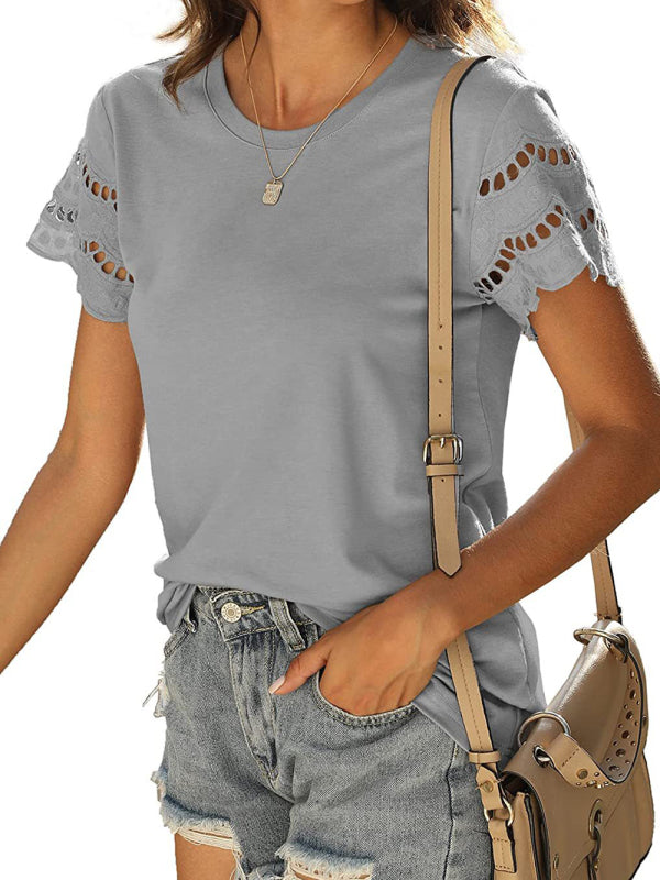 Abby Summer New Lace Stitching Short-Sleeved T-Shirt Round Neck Top