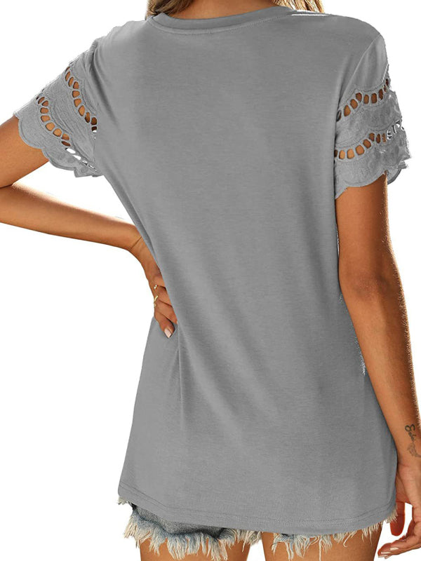 Abby Summer New Lace Stitching Short-Sleeved T-Shirt Round Neck Top