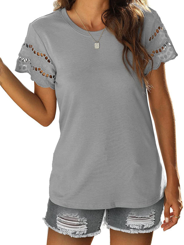 Abby Summer New Lace Stitching Short-Sleeved T-Shirt Round Neck Top