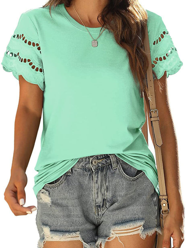 Abby Summer New Lace Stitching Short-Sleeved T-Shirt Round Neck Top