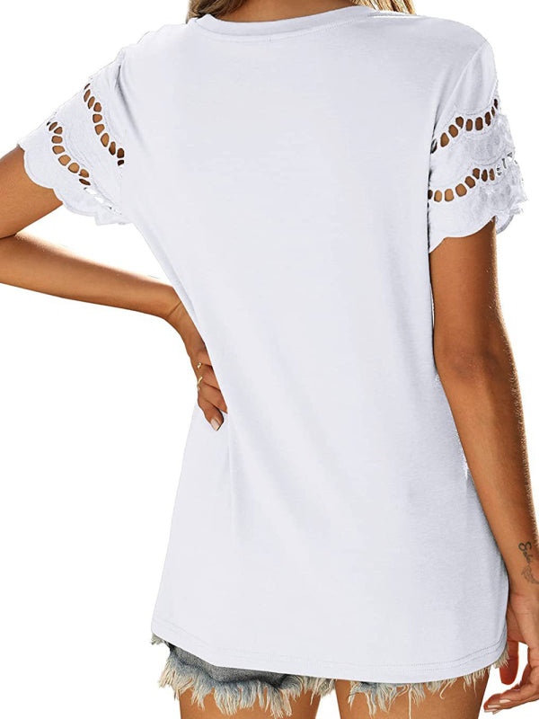 Abby Summer New Lace Stitching Short-Sleeved T-Shirt Round Neck Top