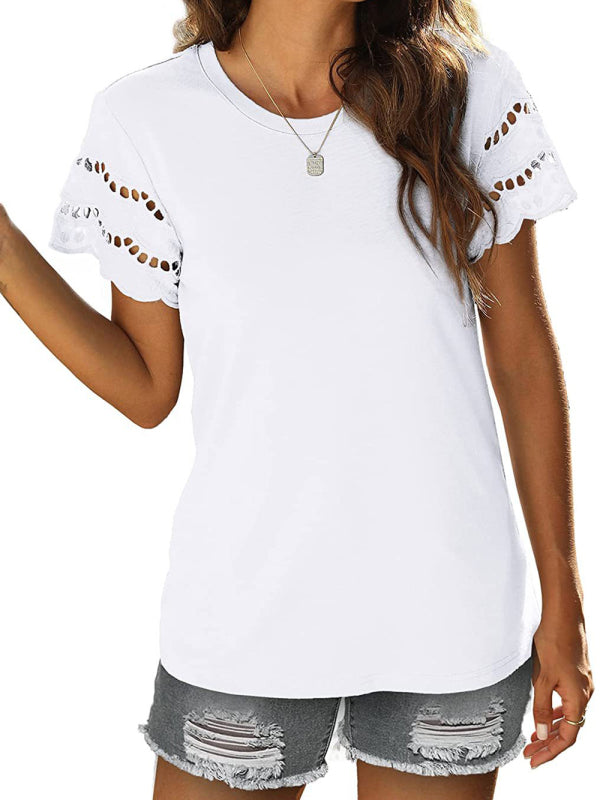 Abby Summer New Lace Stitching Short-Sleeved T-Shirt Round Neck Top