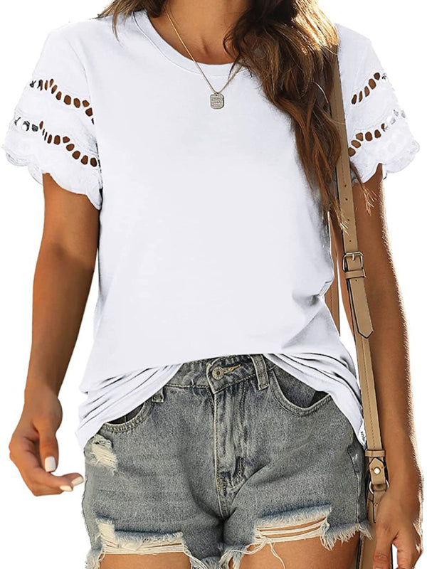 Abby Summer New Lace Stitching Short-Sleeved T-Shirt Round Neck Top