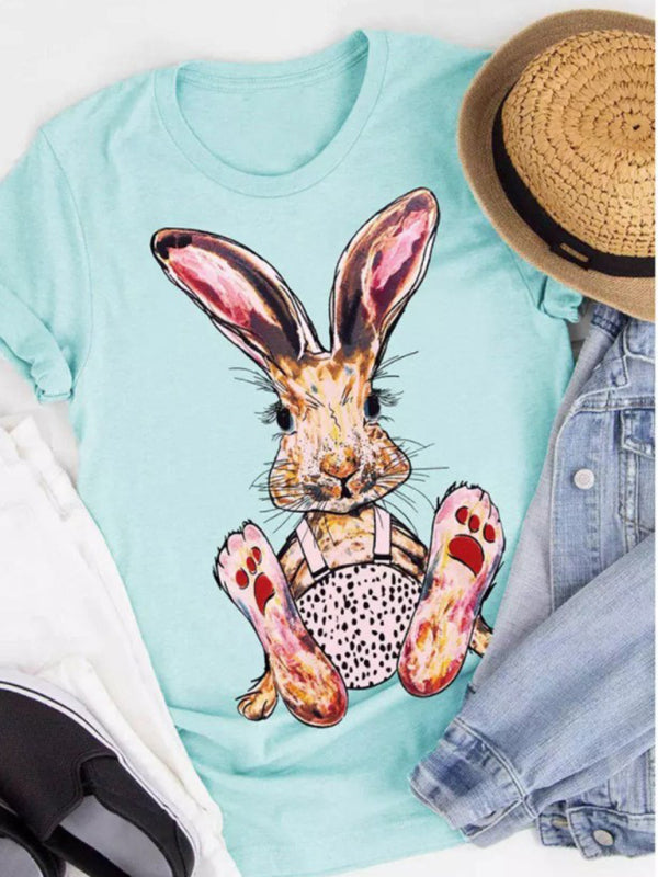 Sarah New Ladies Leopard Bunny Easter Explosion Style Urban Casual Short-Sleeved T-Shirt Top