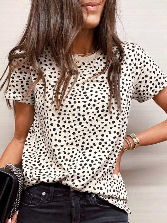 Priscilla Leopard Point Short-Sleeved Round Neck Pullover Loose Casual T-Shirt For Women