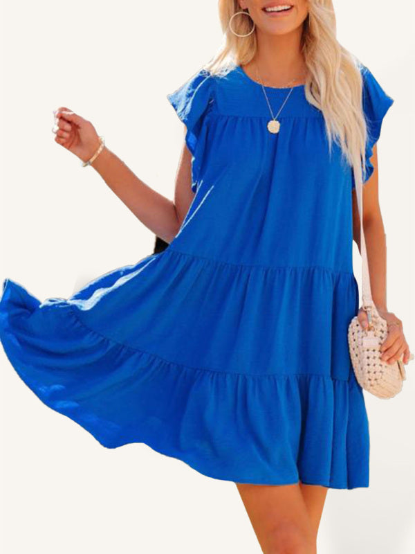 Gia Woman Fashion Pleated Loose Solid Color Short Sleeve Dress