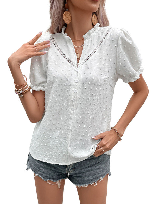 Sorelle Women's Woven Jacquard Fabric Short Sleeve Lace Shirt