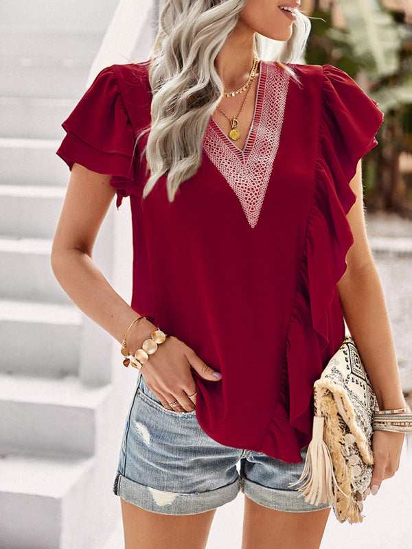 Sienna Women's Elegant Solid Color V Neck Ruffle Short Sleeve Top