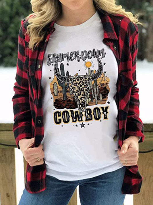 Stephanie Women's Casual Short Sleeve Tops Highland Cow Western Cowboy Vintage Athletic T-Shirt