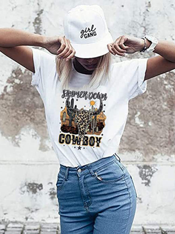 Stephanie Women's Casual Short Sleeve Tops Highland Cow Western Cowboy Vintage Athletic T-Shirt