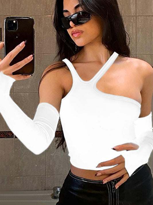 Corina Fashion Navel Strapless Irregular Split Hand Sleeves Slim Fit Sexy T-Shirt