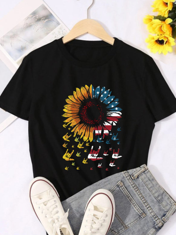 Lucy Women's Sunflower Flag Print Short Sleeve T-Shirt