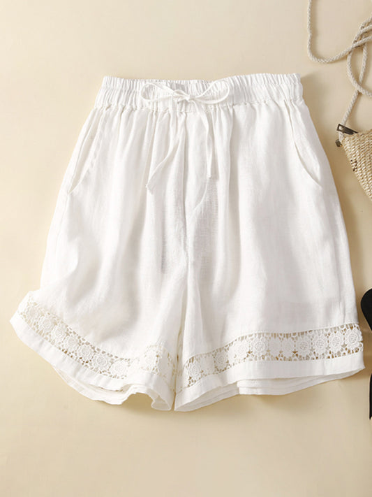 Mary Women's Woven Cotton Linen Hollow Lace Loose Shorts