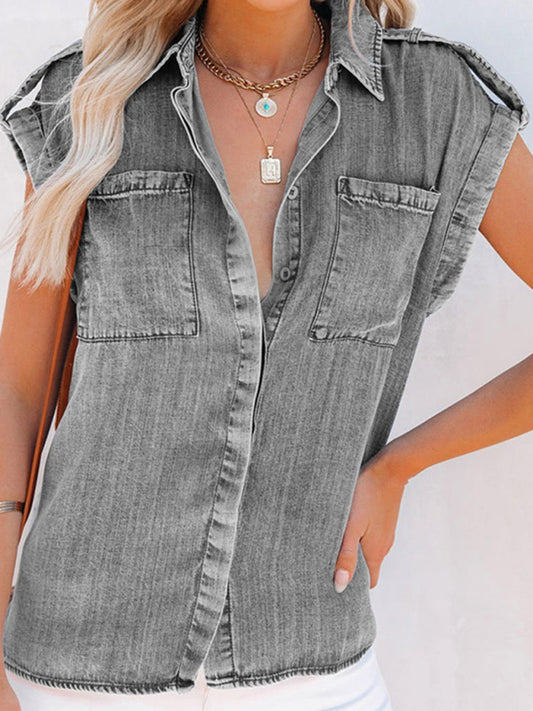 Katelyn Sleeveless Denim Shirt Straight Pocket Oversized Top