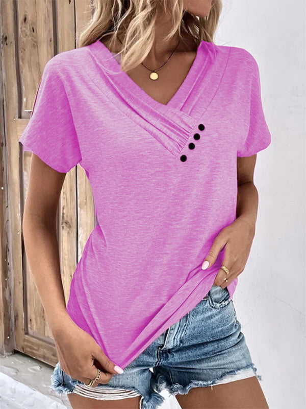 Kennedy New Casual Vacation Comfortable Loose Collar Short-Sleeved T-Shirt Sweater Button Top