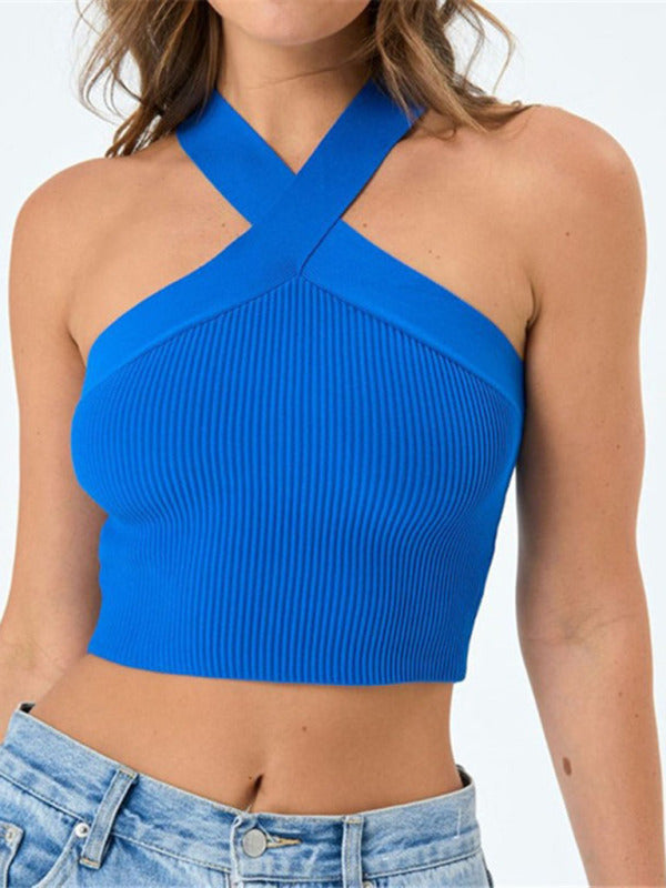 Katia New Style Cross Hanging Neck Strap Small Vest Knitted Backless Bandage Tube Top Sweater